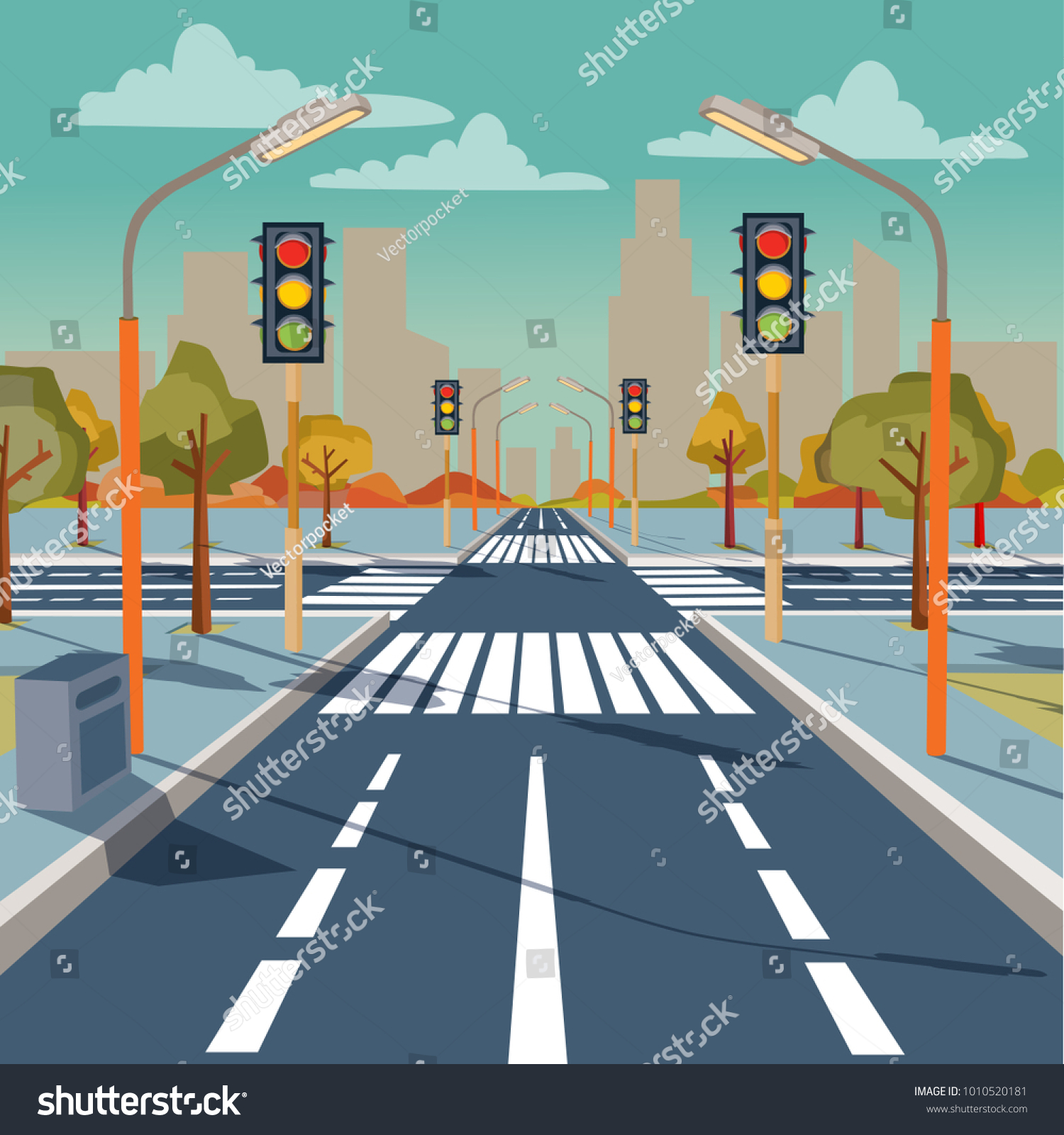 Vector illustration of city crossroad with traffic lights, road markings, sidewalk for pedestrians, without any cars and people. Cityscape, empty street, highway, urban concept in flat style #1010520181