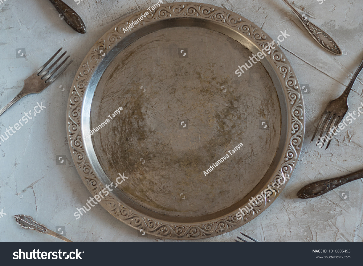 Empty Vintage metal round tray  #1010805493