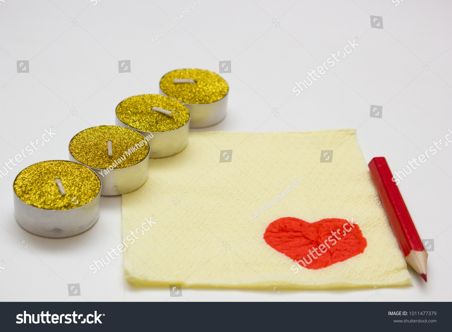 
Valentine's day background with blank paper napkin for romantic notes and candles #1011477379