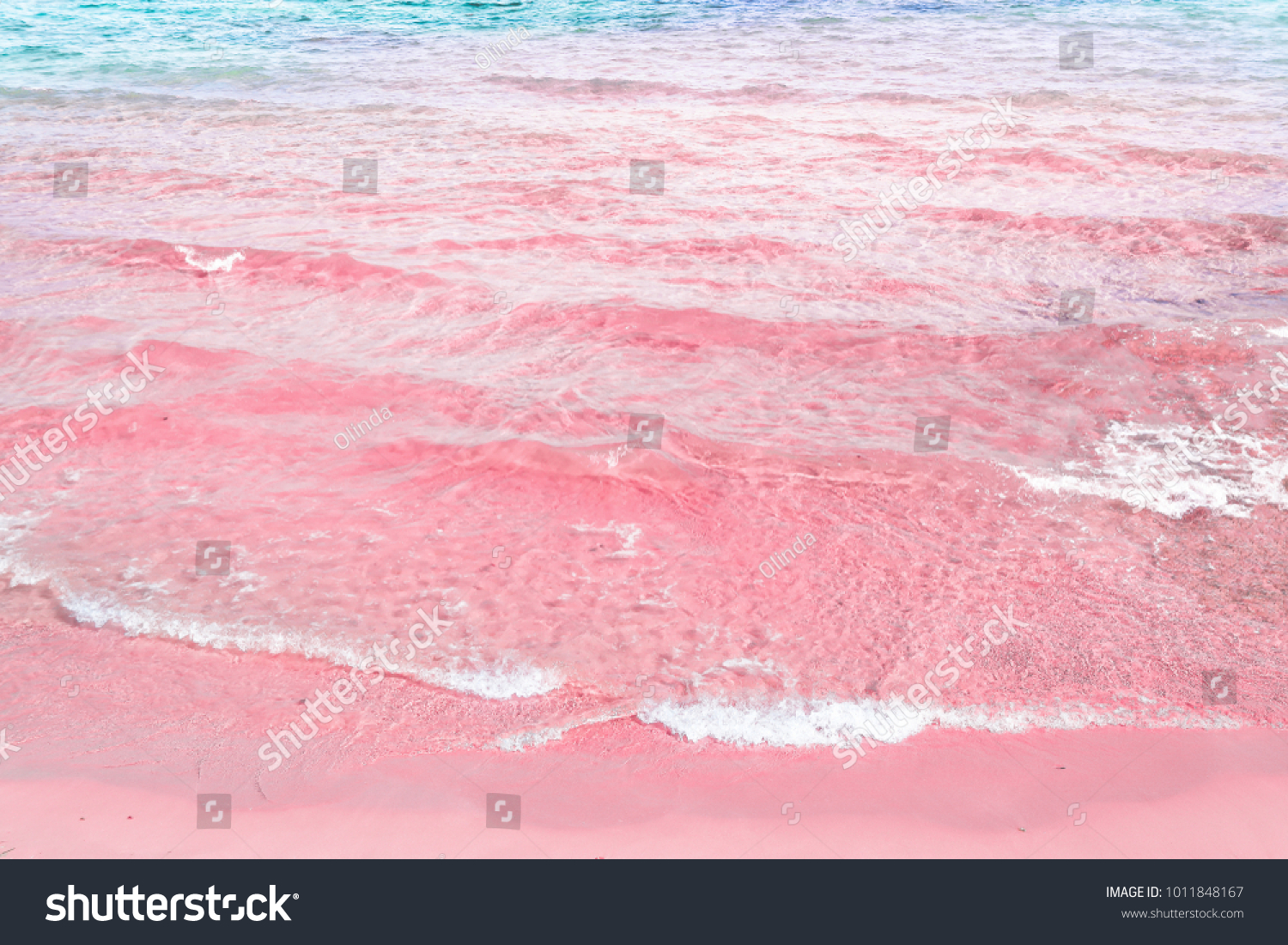 Foamy Rippled Clear Sea Wave Rolling to Pink Sand Shore Turquoise Blue Water. Beautiful Tranquil Idyllic Scenery. Tropical Beach Vacation Relaxation Paradise. Copy Space Elegant Styled Toned Image #1011848167