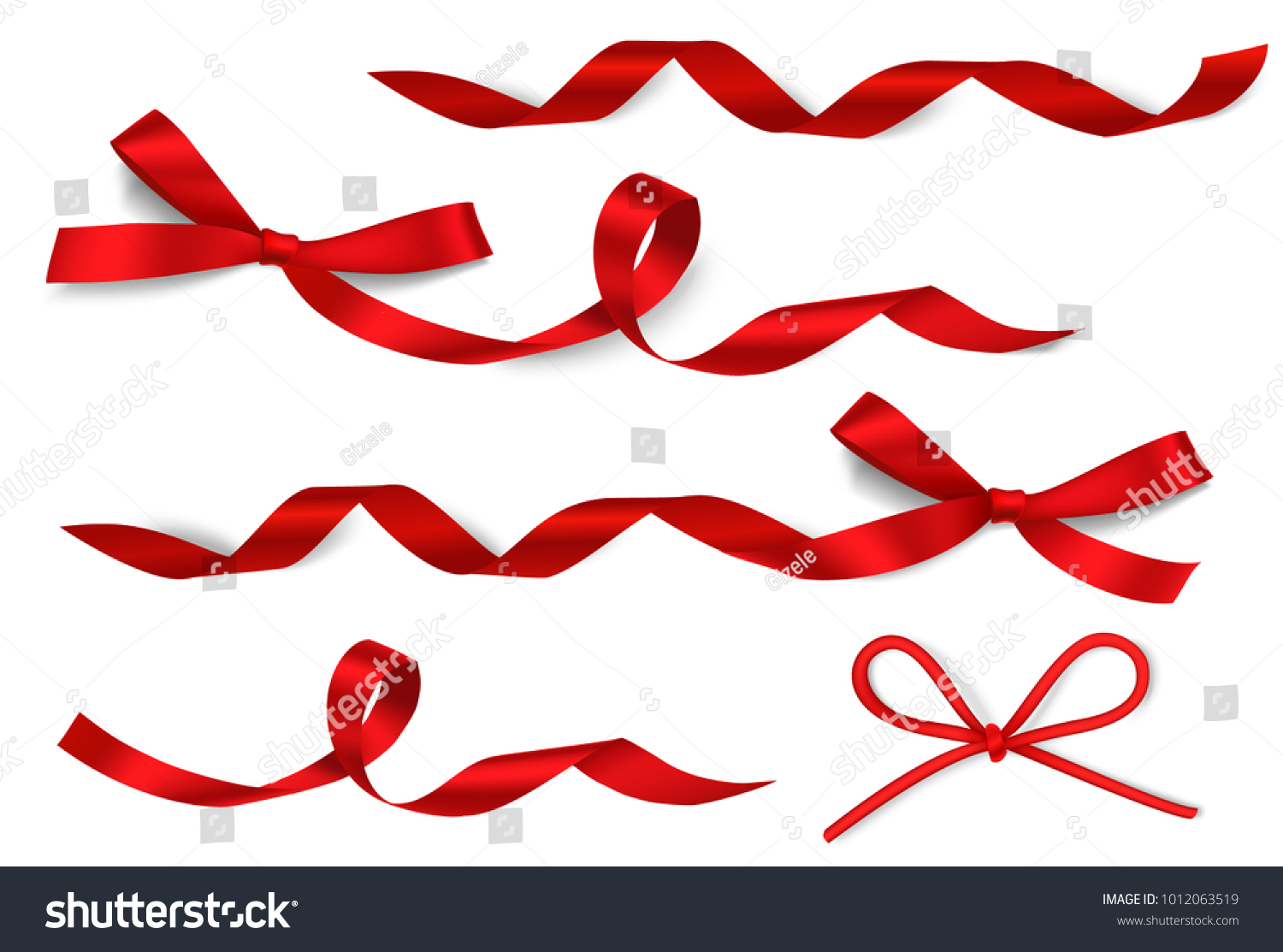 Set of beautiful red decorative bow with long curled red ribbon isolated on white background. Holiday decorations for Valentines Day design. Vector illustration.  #1012063519