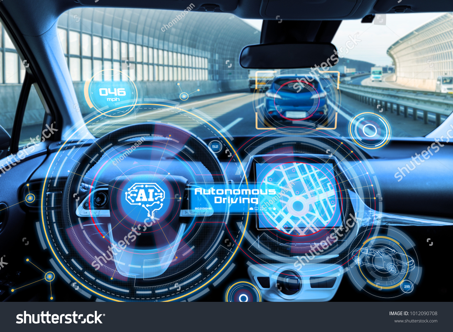 Cockpit of autonomous car and AI(Artificial Intelligence). Driverless car. Self driving vehicle. UGV. #1012090708