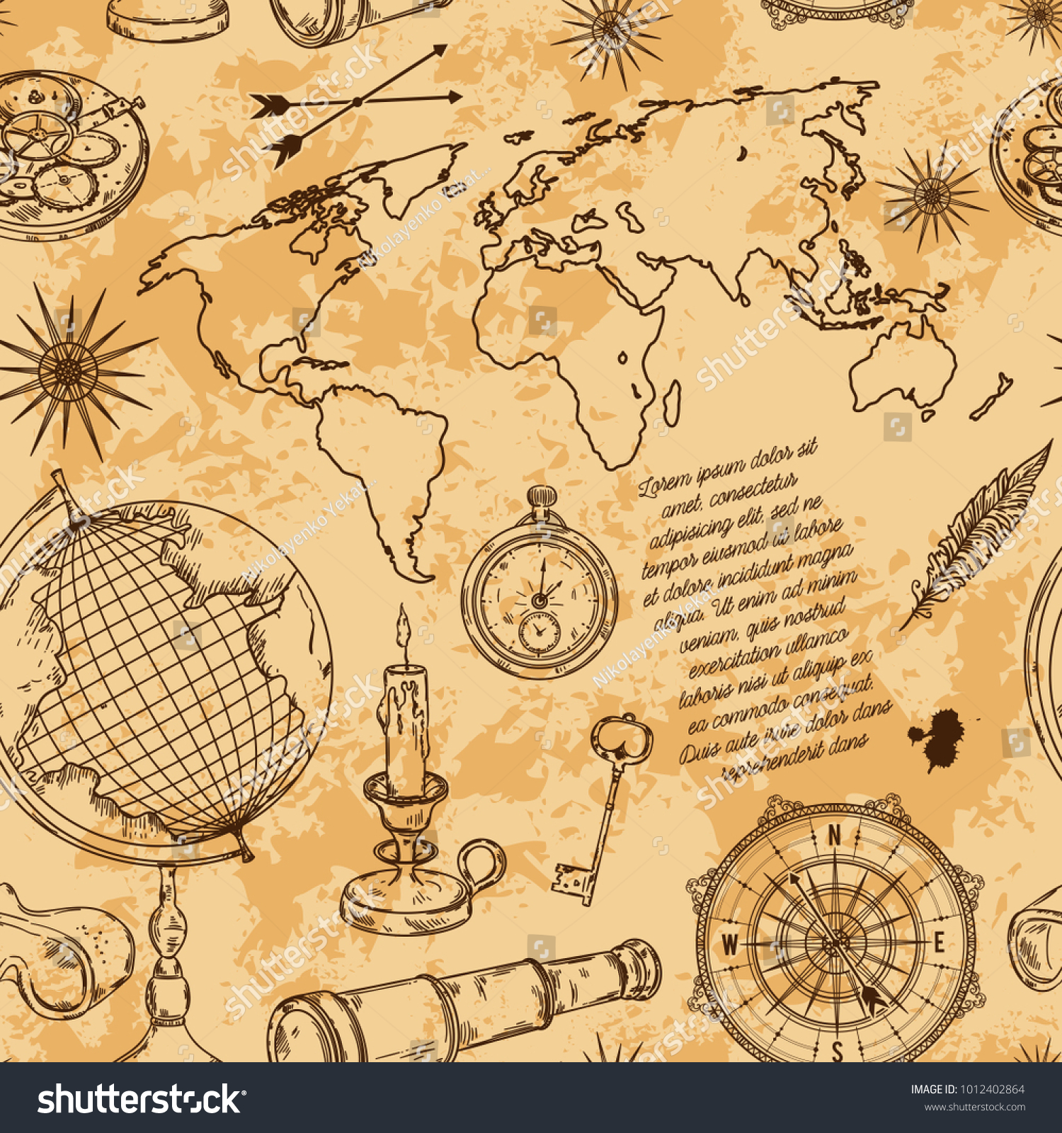 Seamless pattern with globe, compass, world map and wind rose. Vintage science objects set in steampunk style. Vector illustration #1012402864