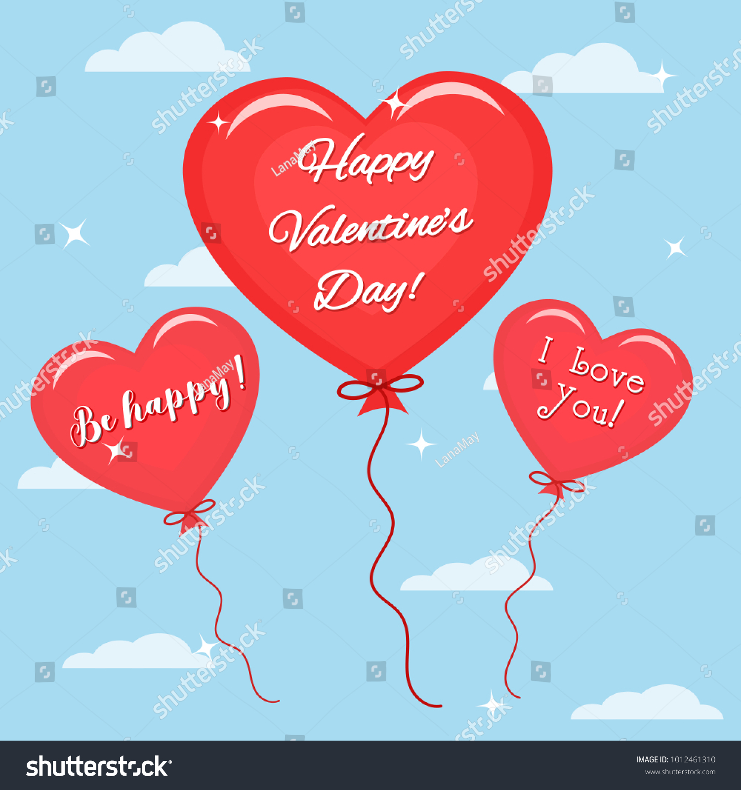 Three red balloon with the text of congratulations on Valentine's Day flies in the sky. , flat style. #1012461310