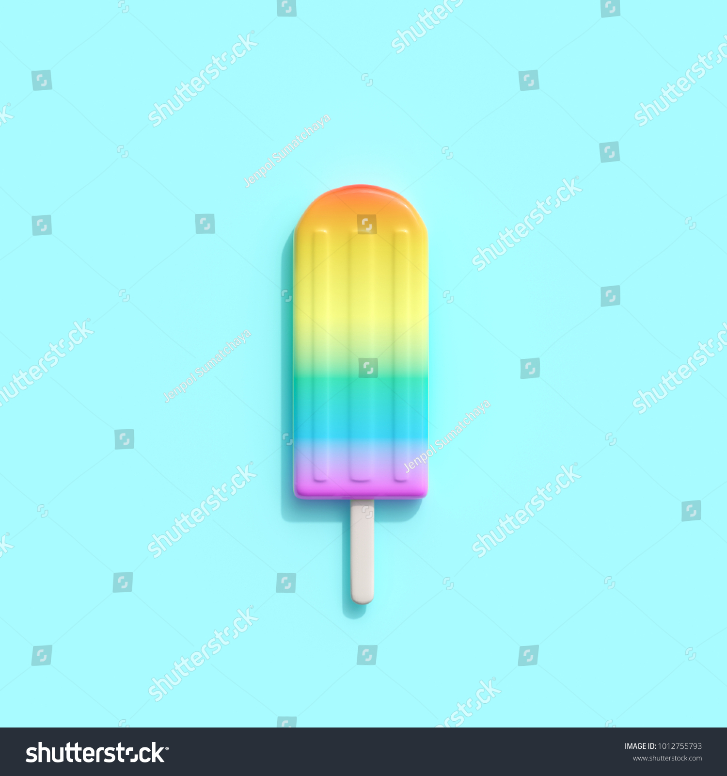 Rainbow an ice cream on blue background. minimal creative idea.