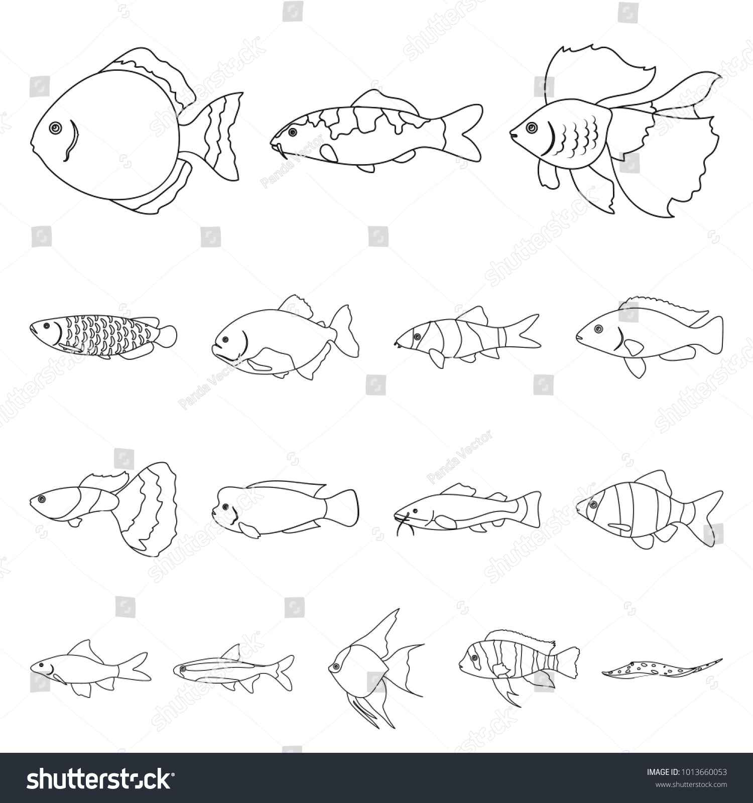 Different types of fish outline icons in set - Royalty Free Stock Photo ...