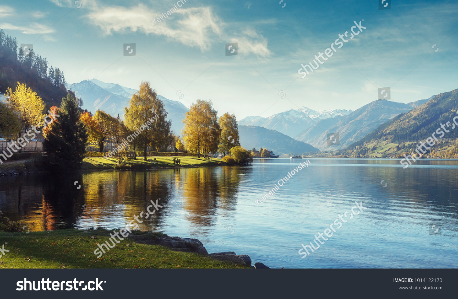 Impressively beautiful Fairy-tale mountain lake in Austrian Alps. Breathtaking Scene. Panoramic view of beautiful mountain landscape in Alps with Zeller Lake in Zell am See, Salzburger Land, Austria #1014122170