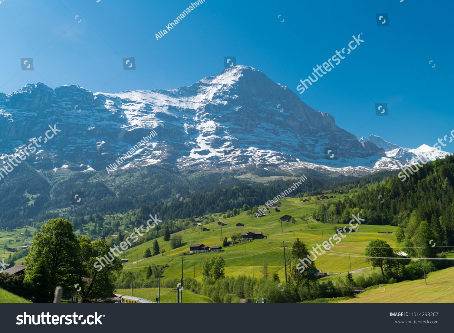 Spectacular view of the mountain Jungfrau and the four thousand meter peaks in the Bernese Alps from Greendeltwald valley, Switzerland #1014298267