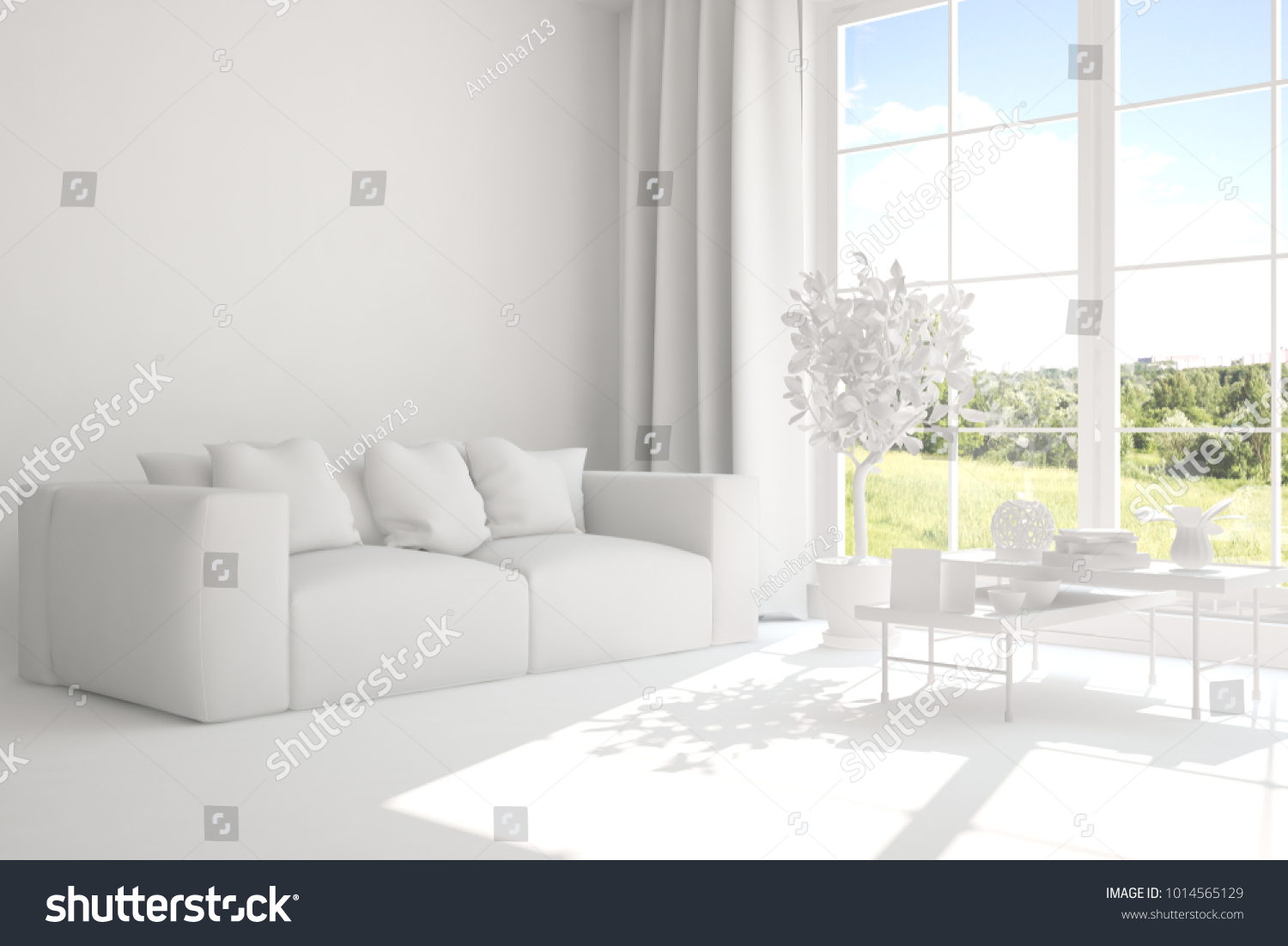 White room with sofa and green landscape in window. Scandinavian interior design. 3D illustration #1014565129