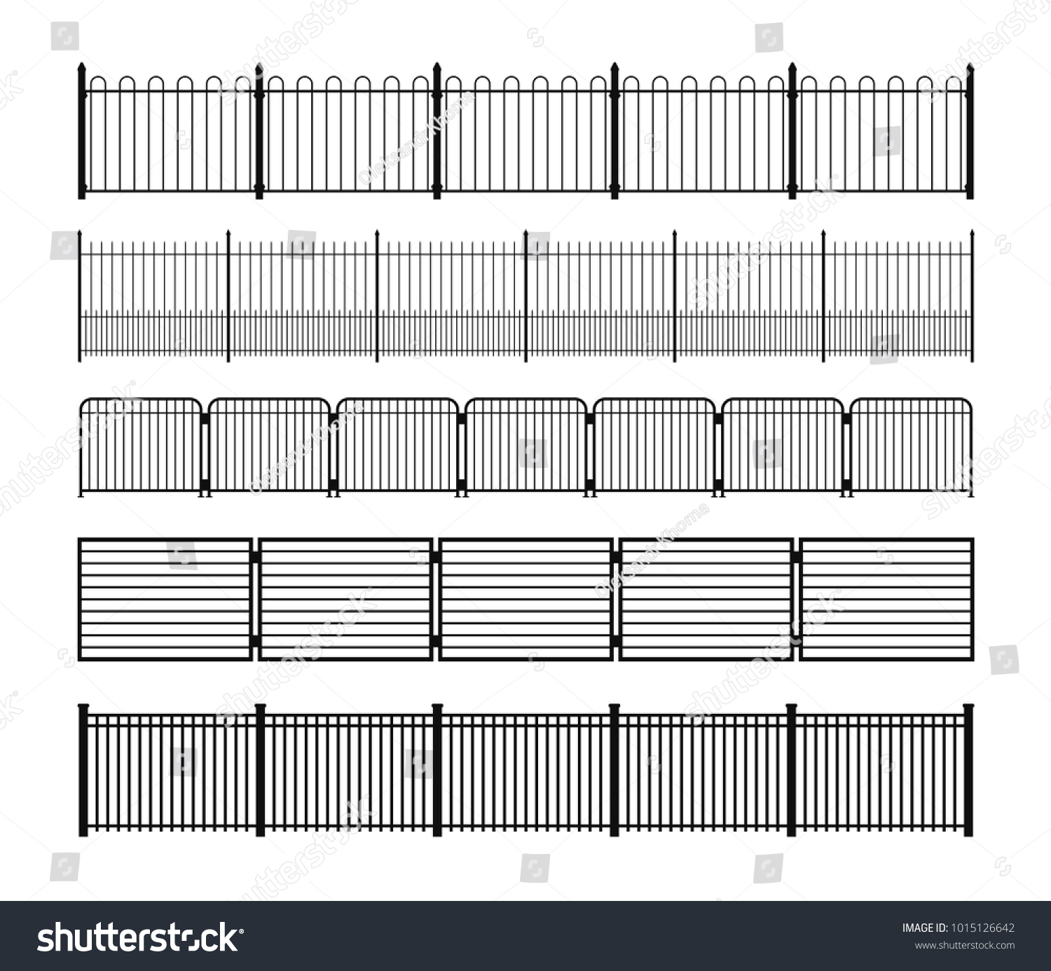 Set of different simple modular metal fence silhouettes. Horizontally seamless metal fence elements. Black fencing silhouettes from construction metal, wrought iron or steel. Vector brushes included. #1015126642