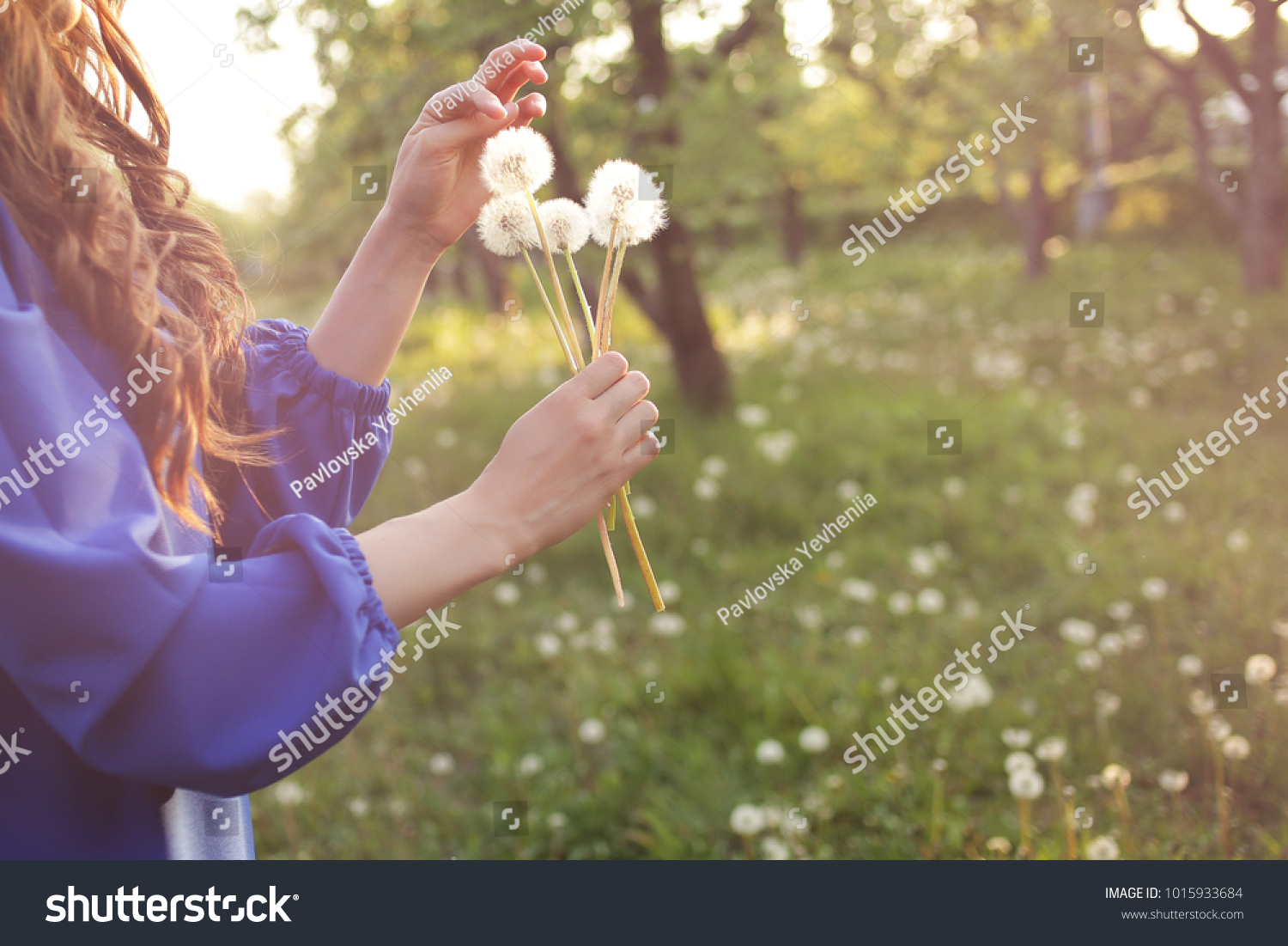 Young spring fashion woman blowing dandelion in spring garden. Springtime. Trendy girl at sunset in spring landscape background. Allergic to pollen of flowers. Spring allergy #1015933684