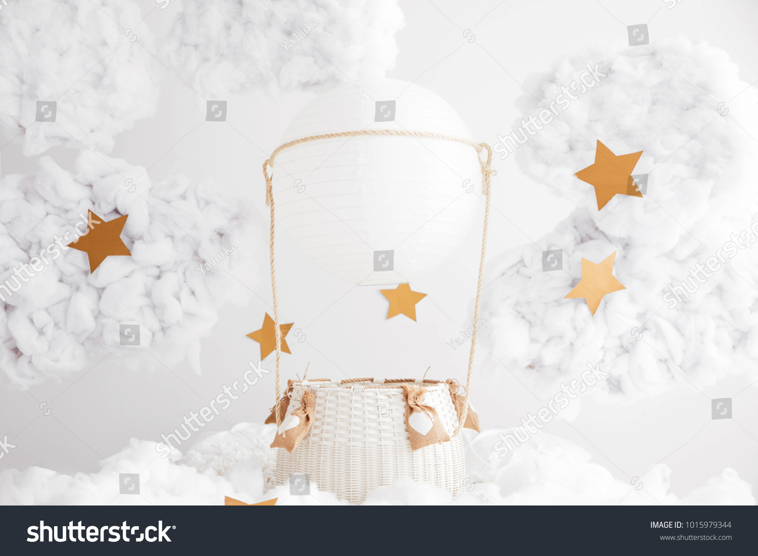 Digital background for newborn and children photography. White hand made air balloon in the clouds with the stars. White clouds. Valentines day decorations. #1015979344