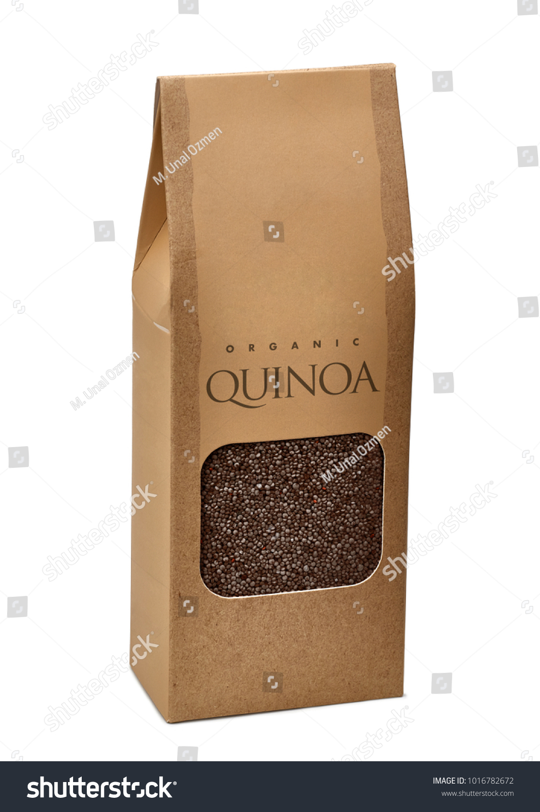 Black quinoa seeds in brown paper bag with transparent die cut window on white background including clipping path with generic quinoa typing. #1016782672
