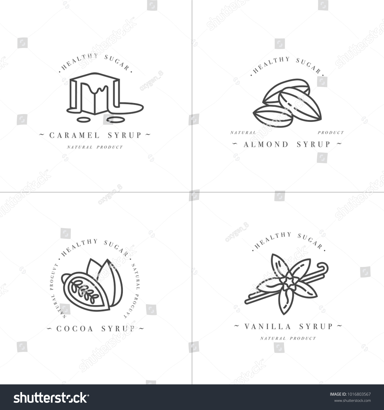 Vector set design monochrome templates logo and emblems - syrups and toppings-caramel, almond, cocoa, vanilla. Food icon. Logos in trendy linear style isolated on white background #1016803567