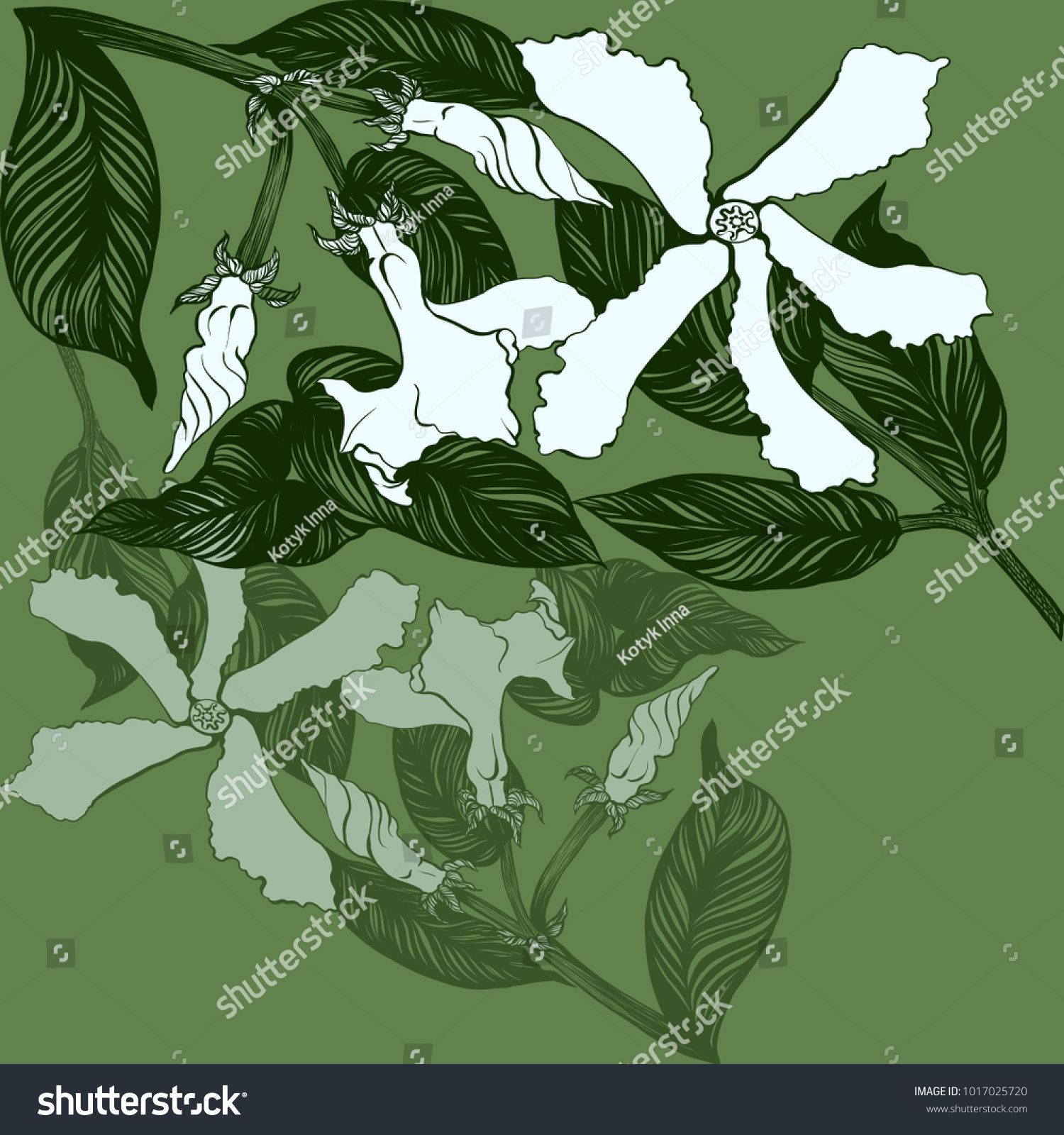 Jasmine - flowers, buds, leaves. Vector image. Wallpaper. Use printed materials, decoupage maps, posters, postcards, packaging. #1017025720