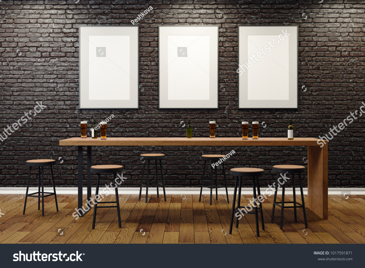 Contemporary black brick pub or bar interior with blank billboards on wall. Mock up, 3D Rendering #1017591871