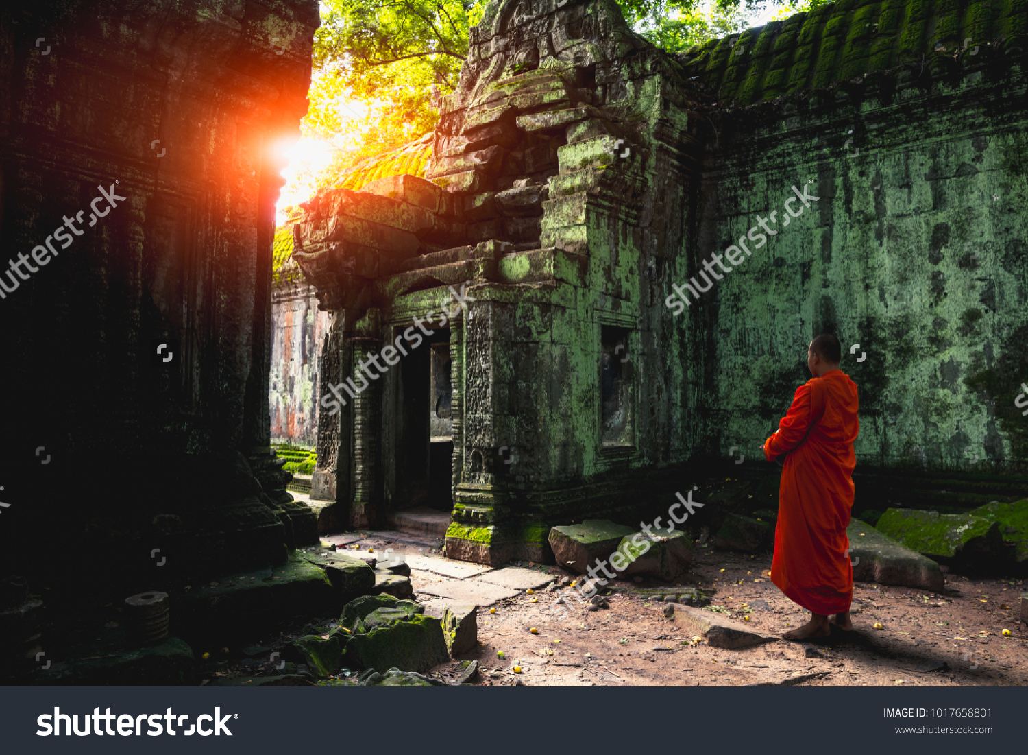 Buddhist monk at Angkor Wat ancient khmer architecture Ta Prohm temple ruins hidden in jungles, Cambodia #1017658801