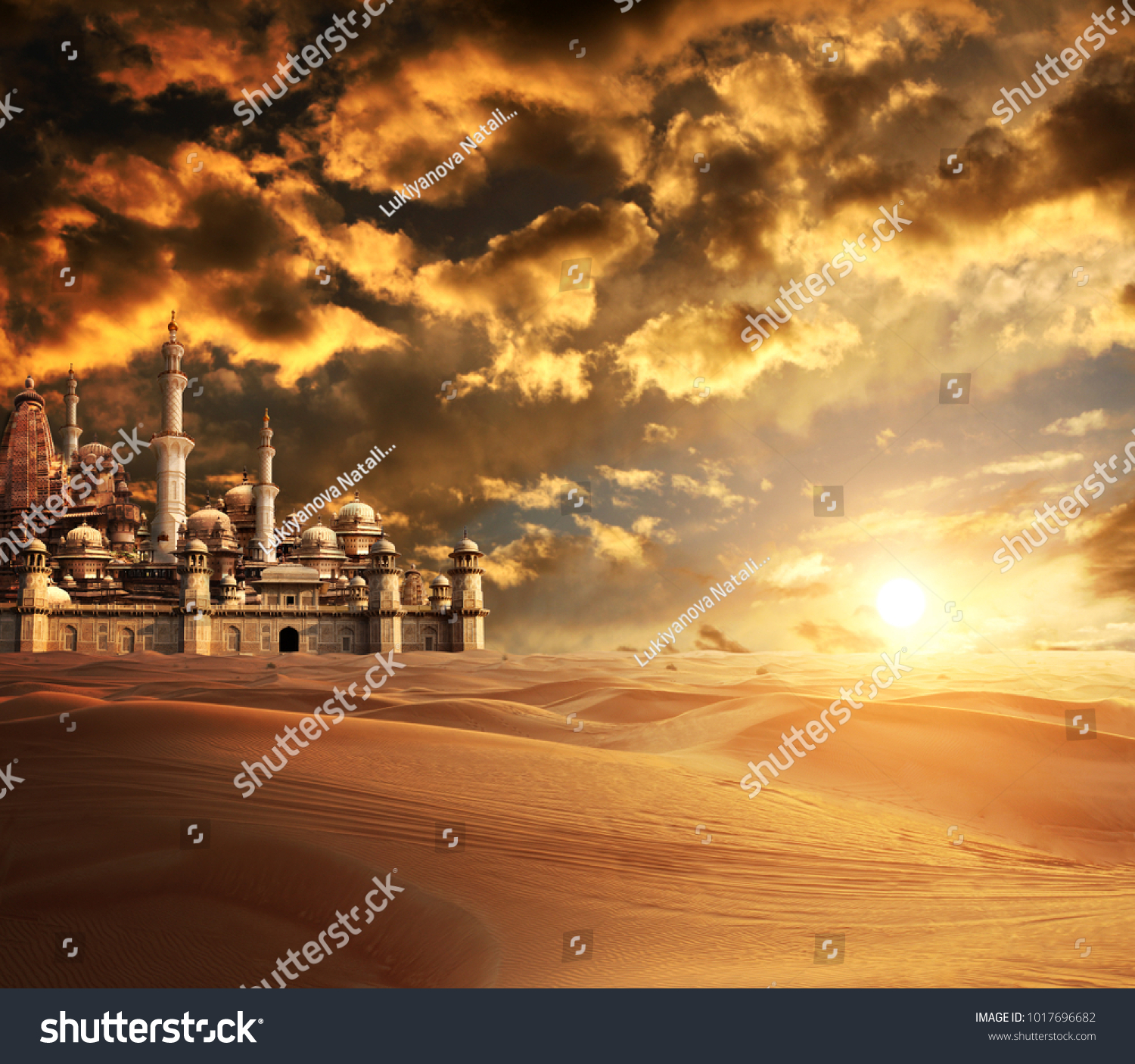 A fabulous lost city in the desert. On beautiful sunset sky background #1017696682
