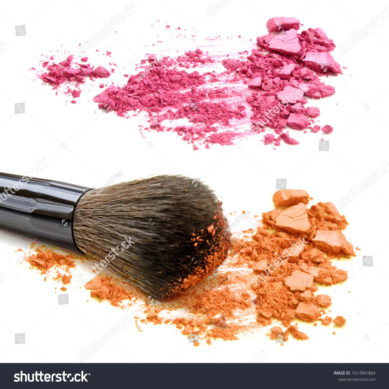 Pink and orange crushed powder and blush isolated on white background #1017841864