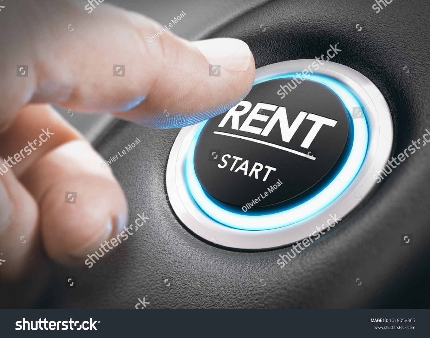 Man pushing a start button with the word rent. concept of car or vehicle rental. Composite image between a hand photography and a 3D background. #1018058365
