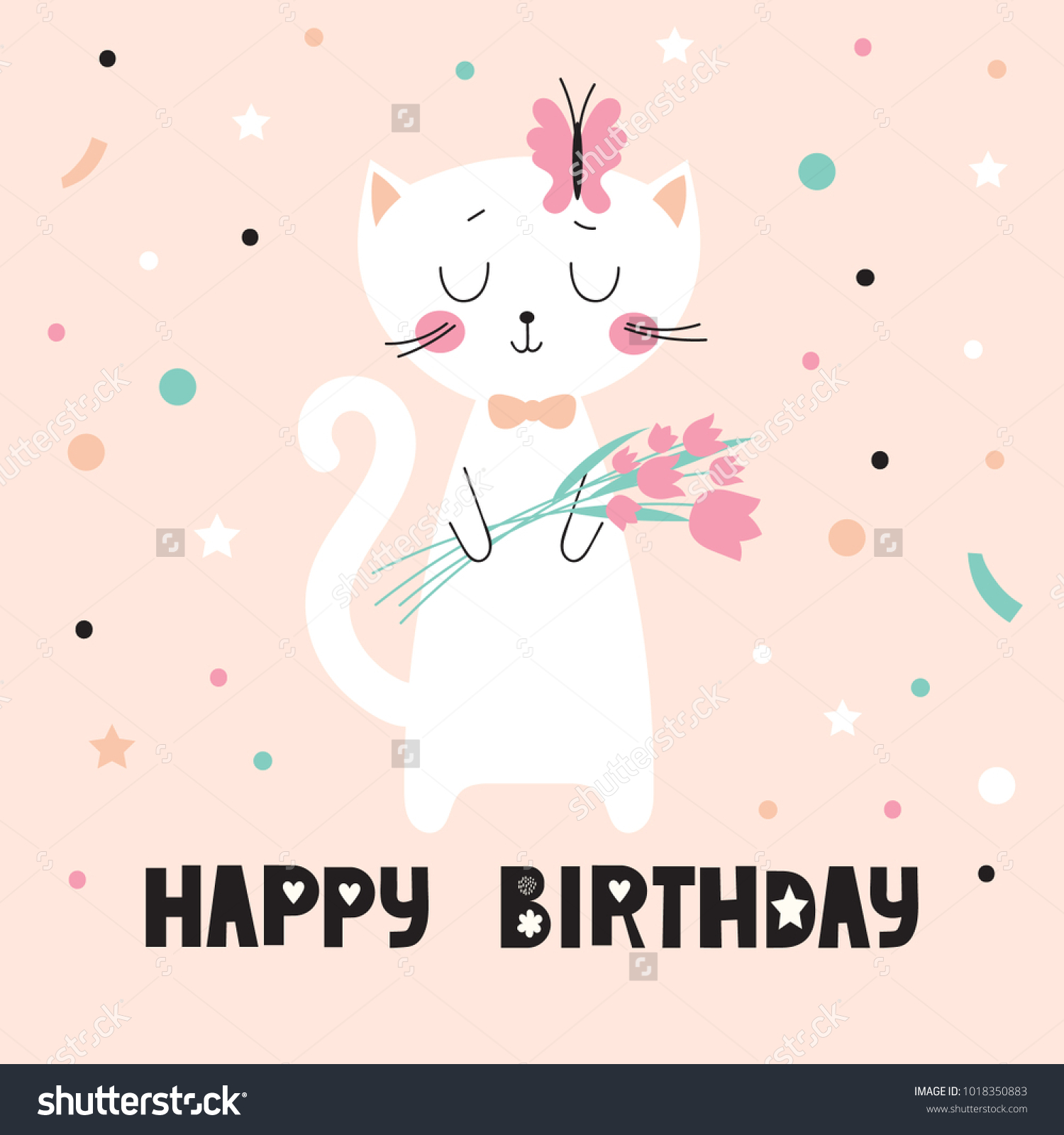 Birthday card with cute cartoon cat with a bouquet of tulips. Vector illustration. #1018350883