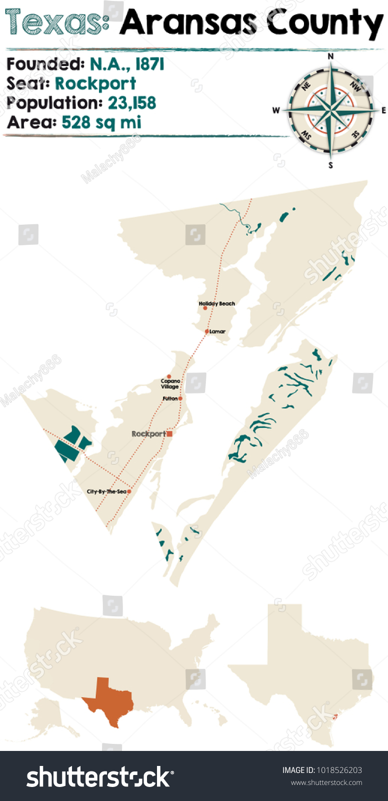 Detailed map of Aransas county in Texas, USA - Royalty Free Stock ...