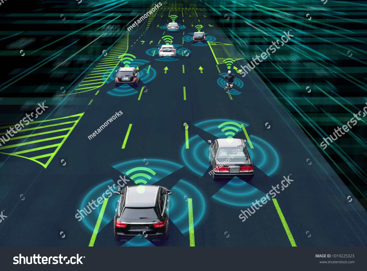 Sensing system and wireless communication network of vehicle. Autonomous car. Driverless car. Self driving vehicle.  #1019225323