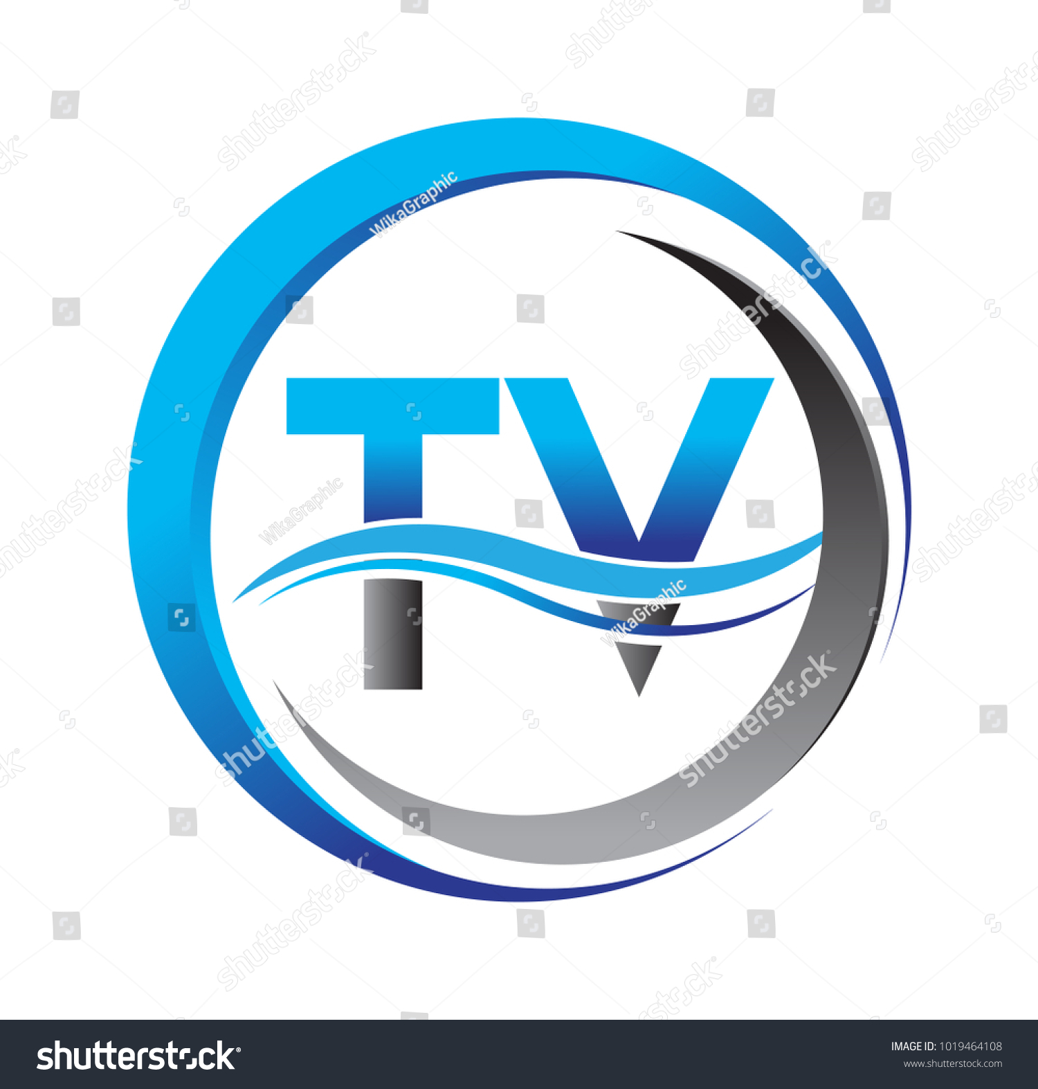 initial letter logo TV company name blue and grey color on circle and swoosh design. vector logotype for business and company identity. #1019464108