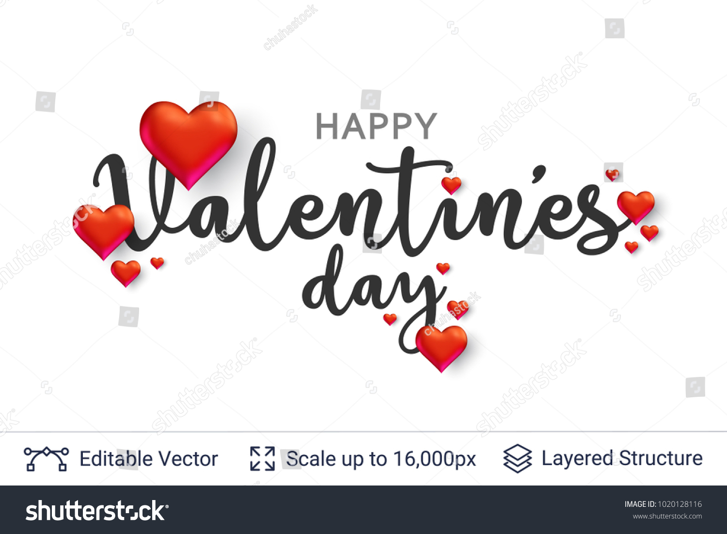 Happy Valentines day text and 3D hearts on white. Easy to edit vector background. Holiday greeting card design. #1020128116