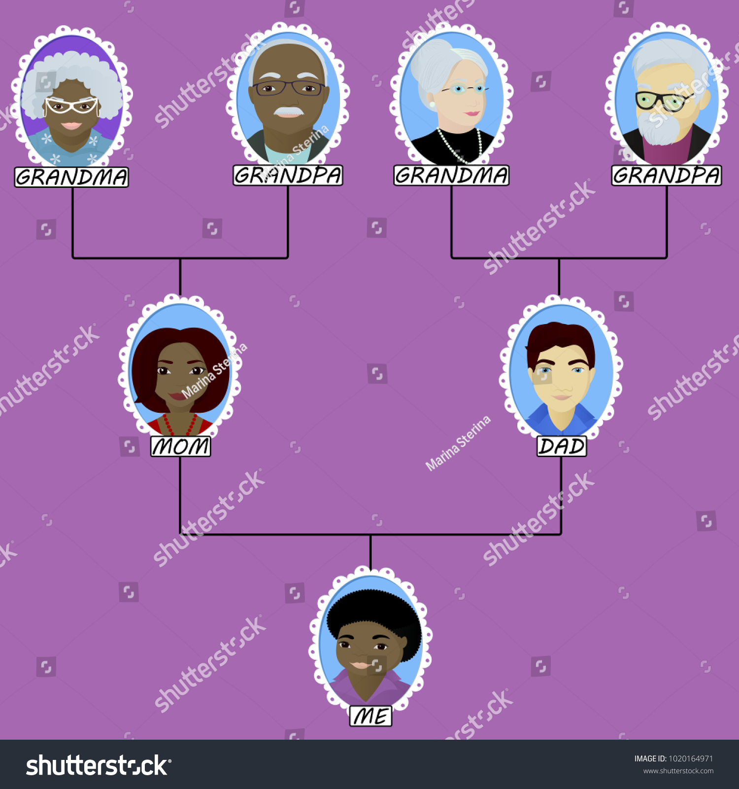 Cartoon family tree of the boy born in interracial marriage #1020164971