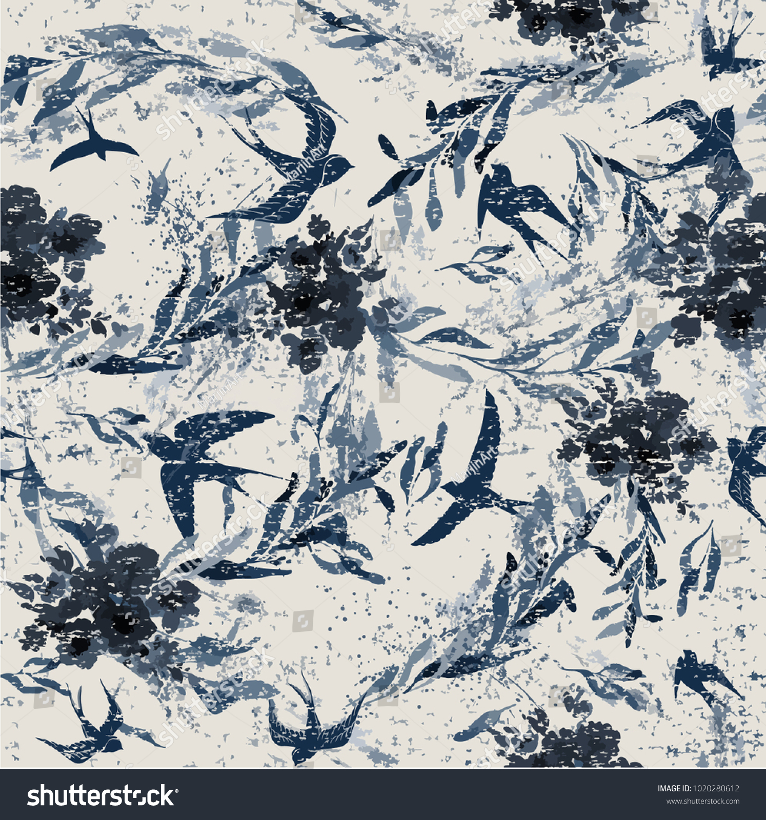 Birds and flowers in grunge texture. Print pattern. #1020280612