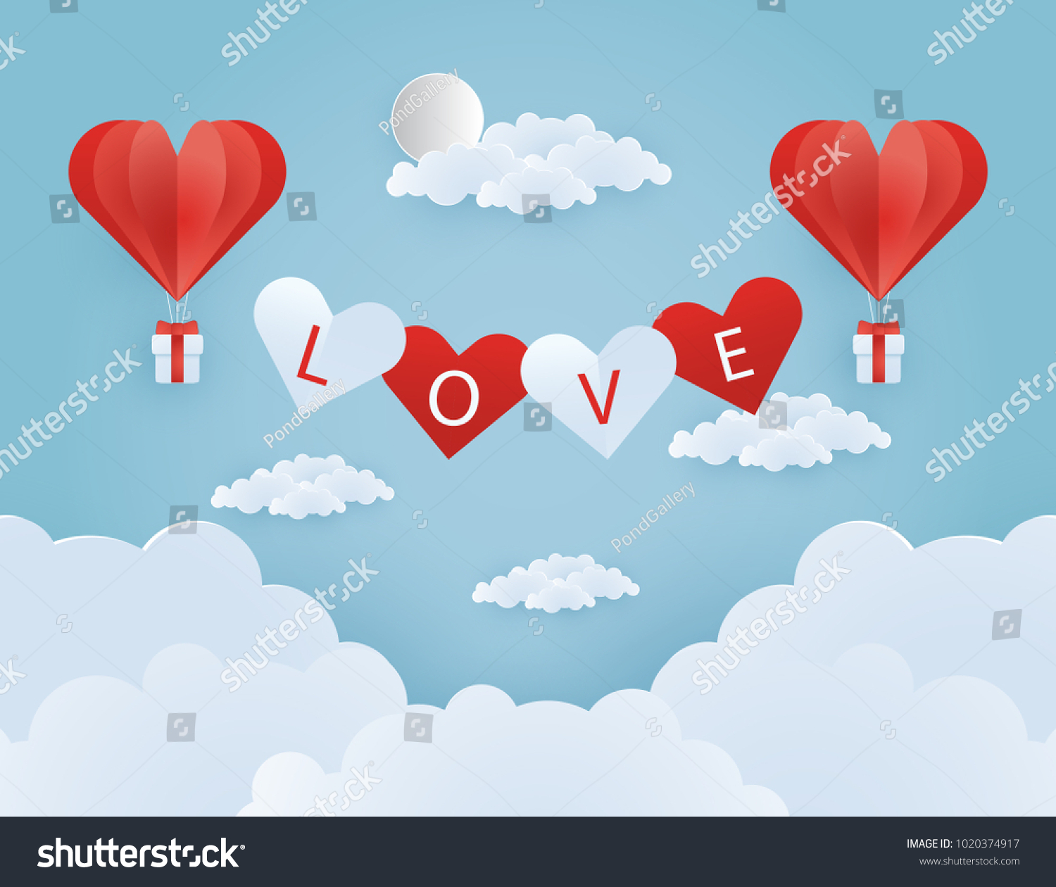 Origami made hot air balloon flying on the sky with heart float on the sky, illustration of love and valentine day, vector paper art and craft style illustration. #1020374917