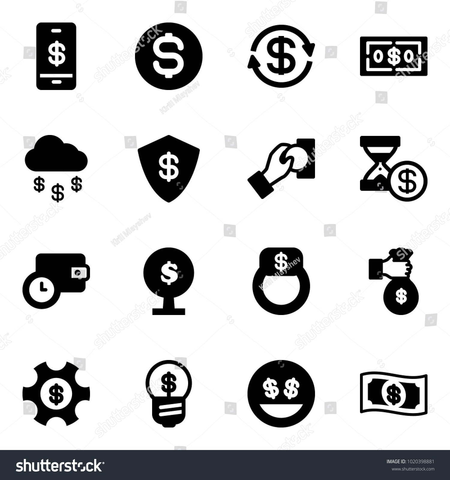 Solid vector icon set - mobile payment vector, dollar coin, exchange, money rain, safe, cash pay, account history, wallet time, tree, finger ring, rich, managemet, business idea, smile #1020398881