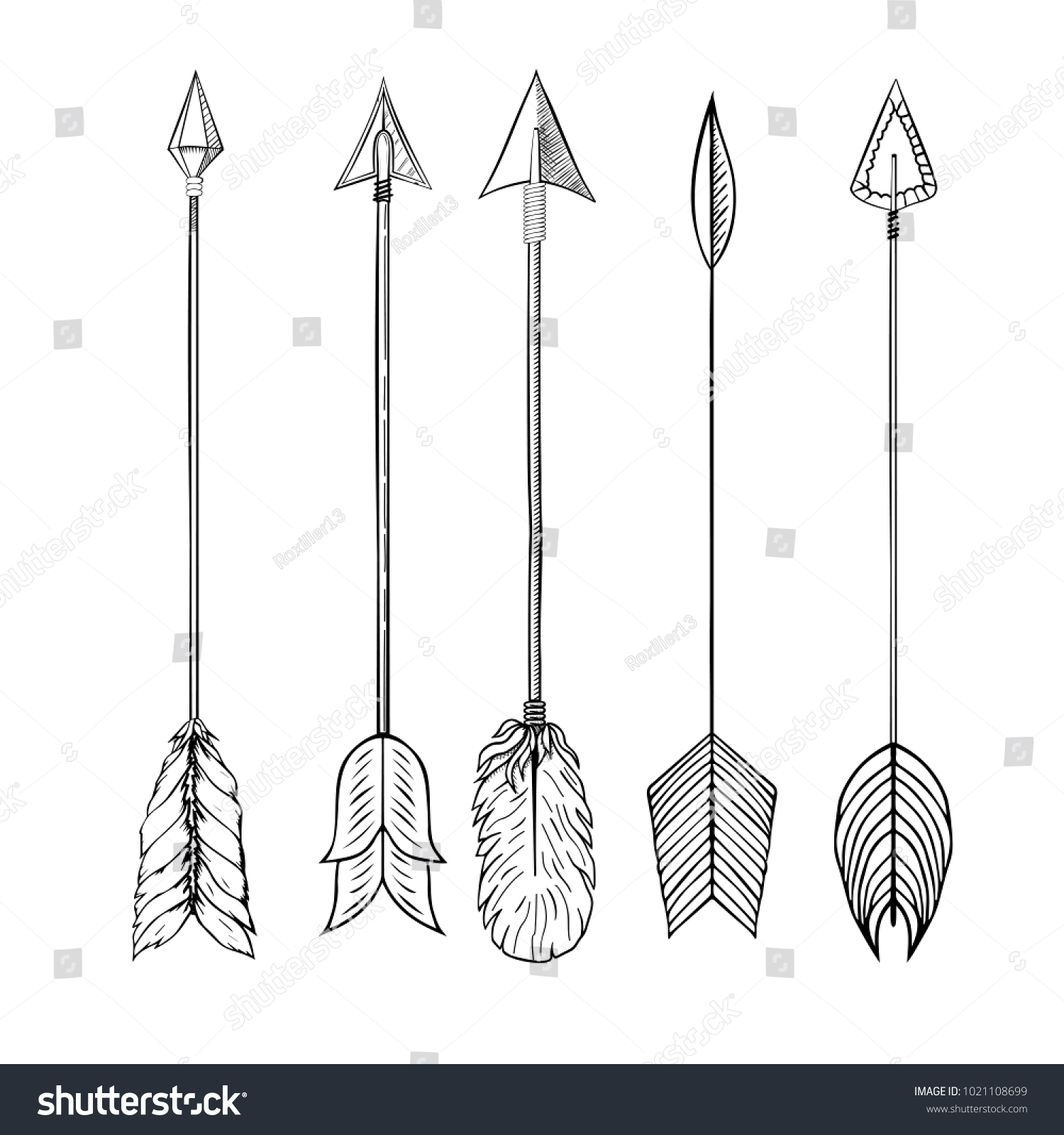 Tribal Indian arrow set. Ethnic hand drawn illustration. #1021108699