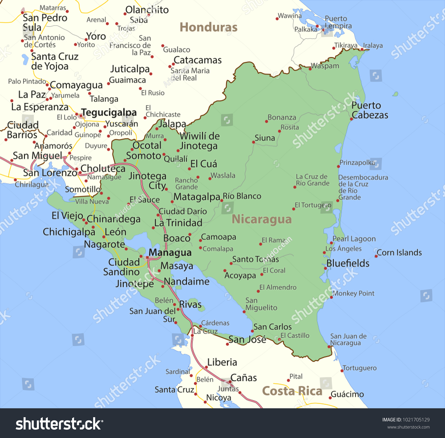 Map of Nicaragua. Shows country borders, urban - Royalty Free Stock ...