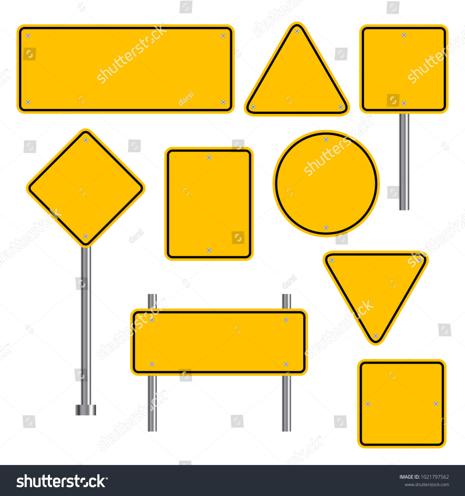 Blank traffic road sign set, empty street signs, yellow isolated on white background, vector illustration. #1021797562