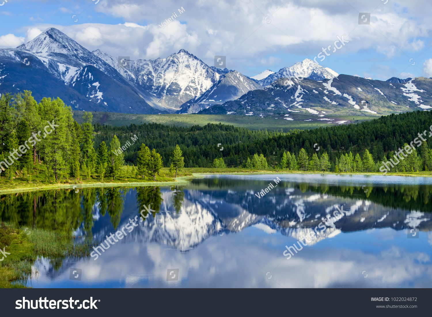 Wild mountain lake in the Altai mountains, summer landscape, beautiful reflection #1022024872