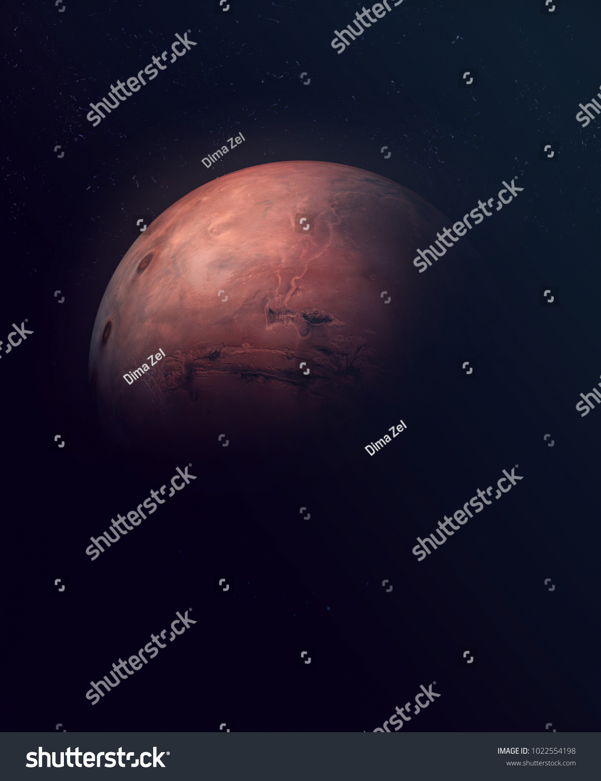 Planet Mars. Astronomy and science concept. Dark background. Space texture. Elements of this image furnished by NASA. #1022554198