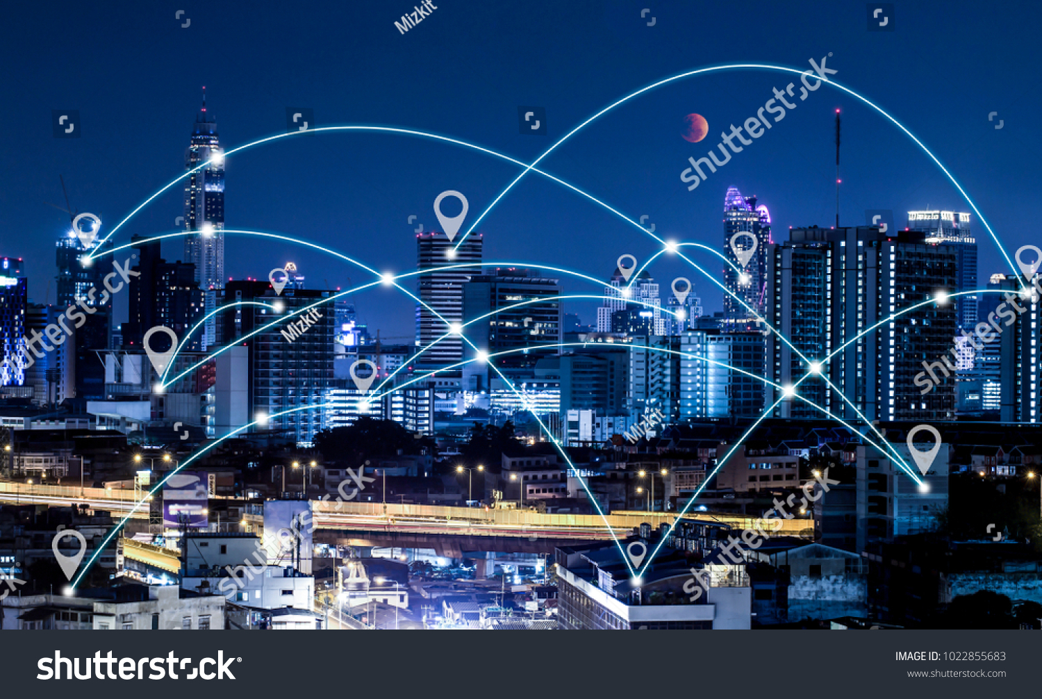 Location or Map pin flat above bangkok city scape night scene, network connection concept #1022855683