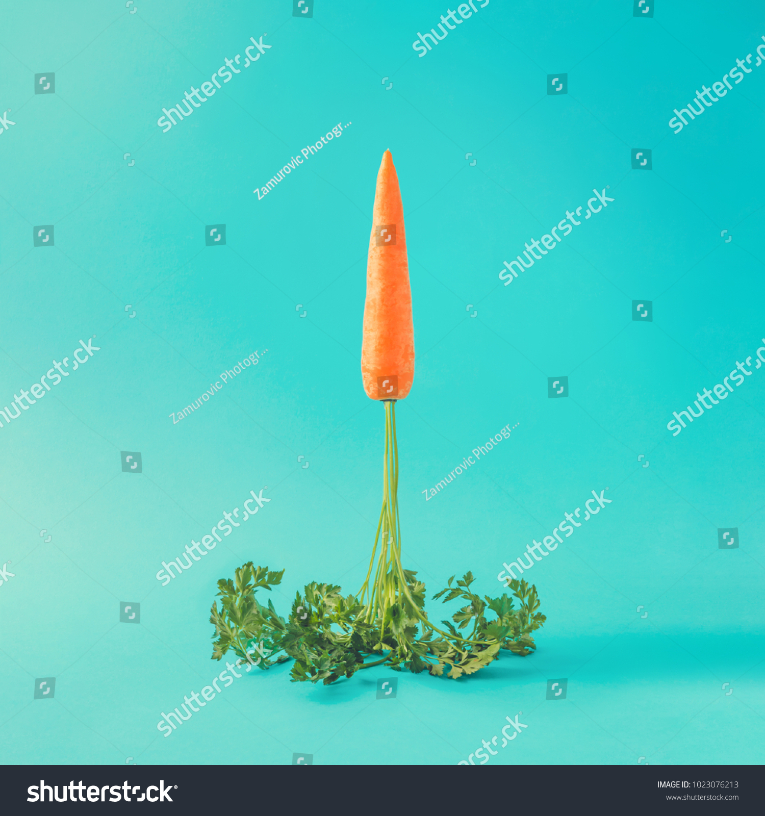 Carrot rocket launch on pastel sky blue background. Easter minimal concept. #1023076213