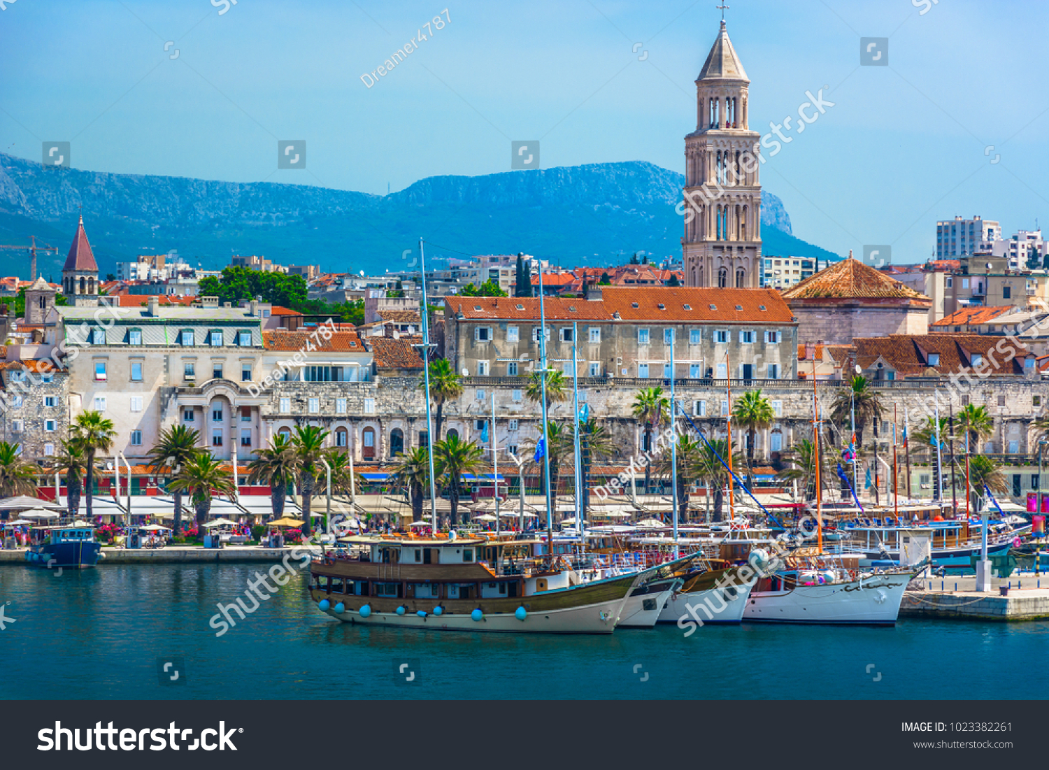 Seafront view at old city center in Split town, Diocletian Palace view from the Adriatic Sea, Croatia. #1023382261