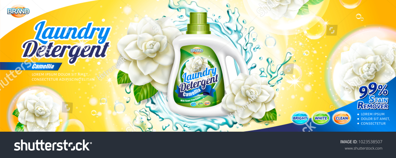 Laundry detergent ads, camellia scent detergent liquid with floral elements and splashing water in 3d illustration, yellow background #1023538507