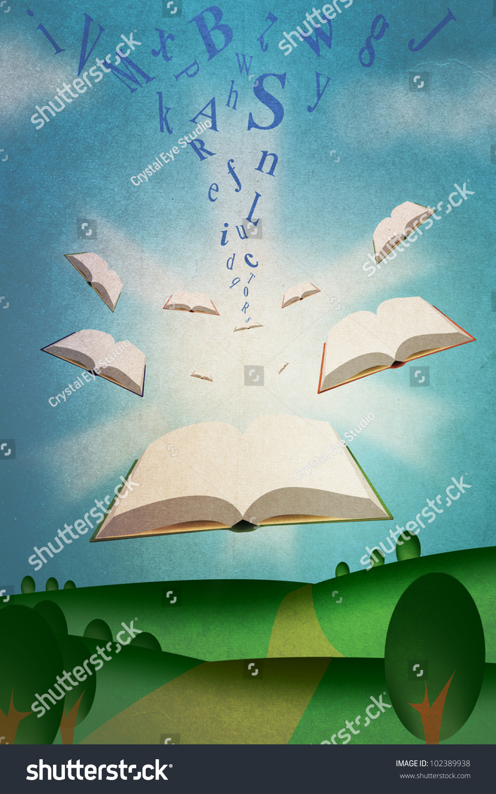 Flying Books Illustration with Roman Alphabet Texts #102389938