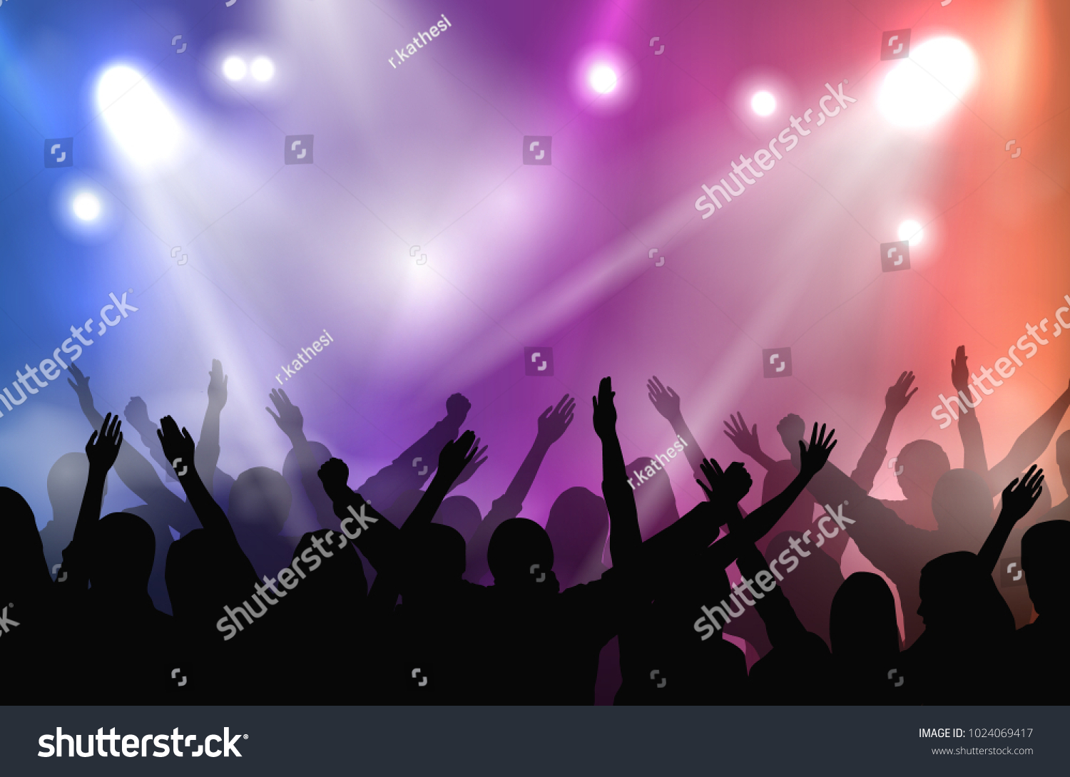 Vector concert stage illuminated with colorful lights and silhouettes of cheering crowd #1024069417