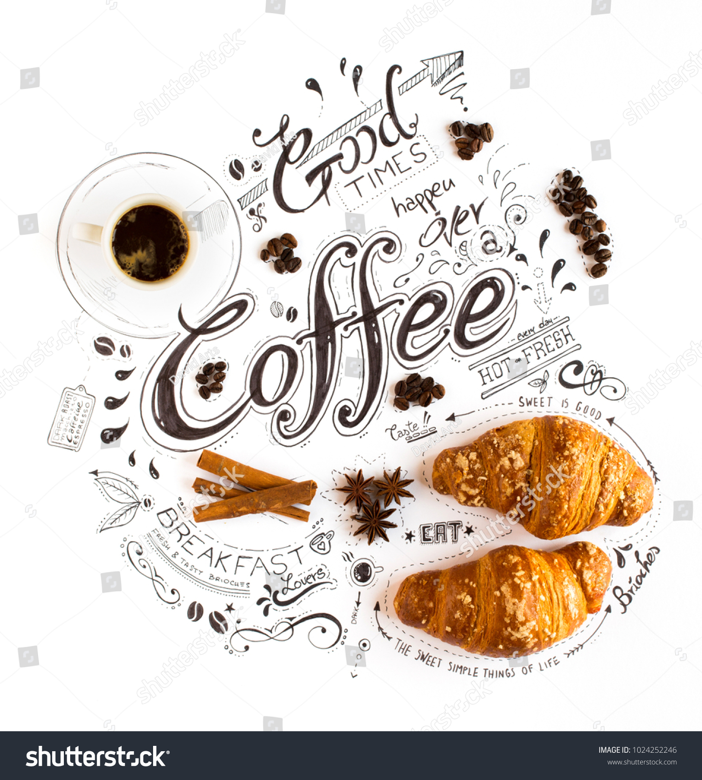 Hand Drawn Coffee Lettering Typography with various themed text, brioches, spices and coffee beens in a vintage composition. #1024252246