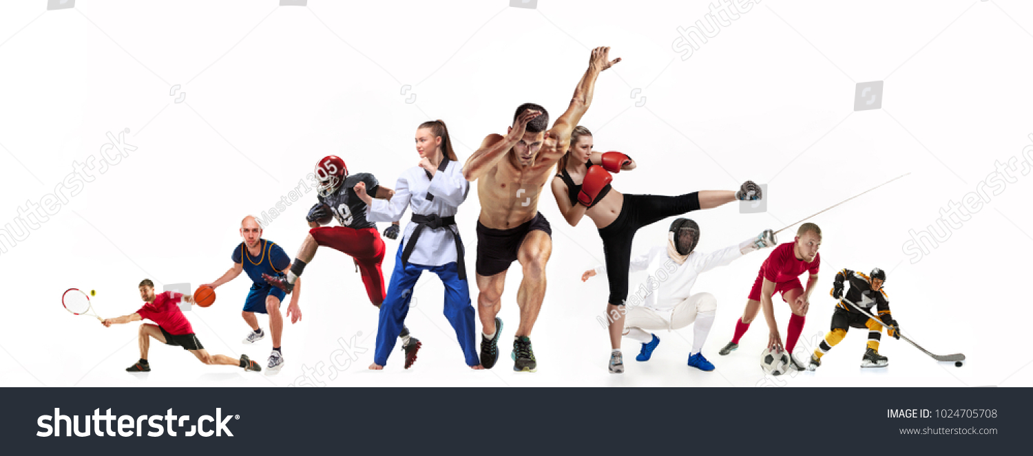 Sport collage about boxing, soccer, american football, basketball, ice hockey, fencing, jogging, taekwondo, tennis. The fit men and women. Caucasian active athletes isolated on white background #1024705708