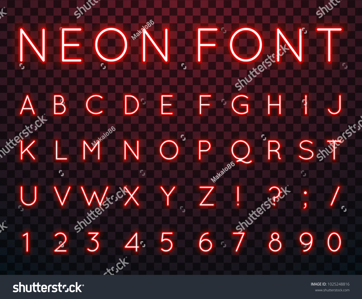 Vector set of characters in retro style. Neon font. Alphabet with glow effect. The letters and numbers in the style of techno. #1025248816