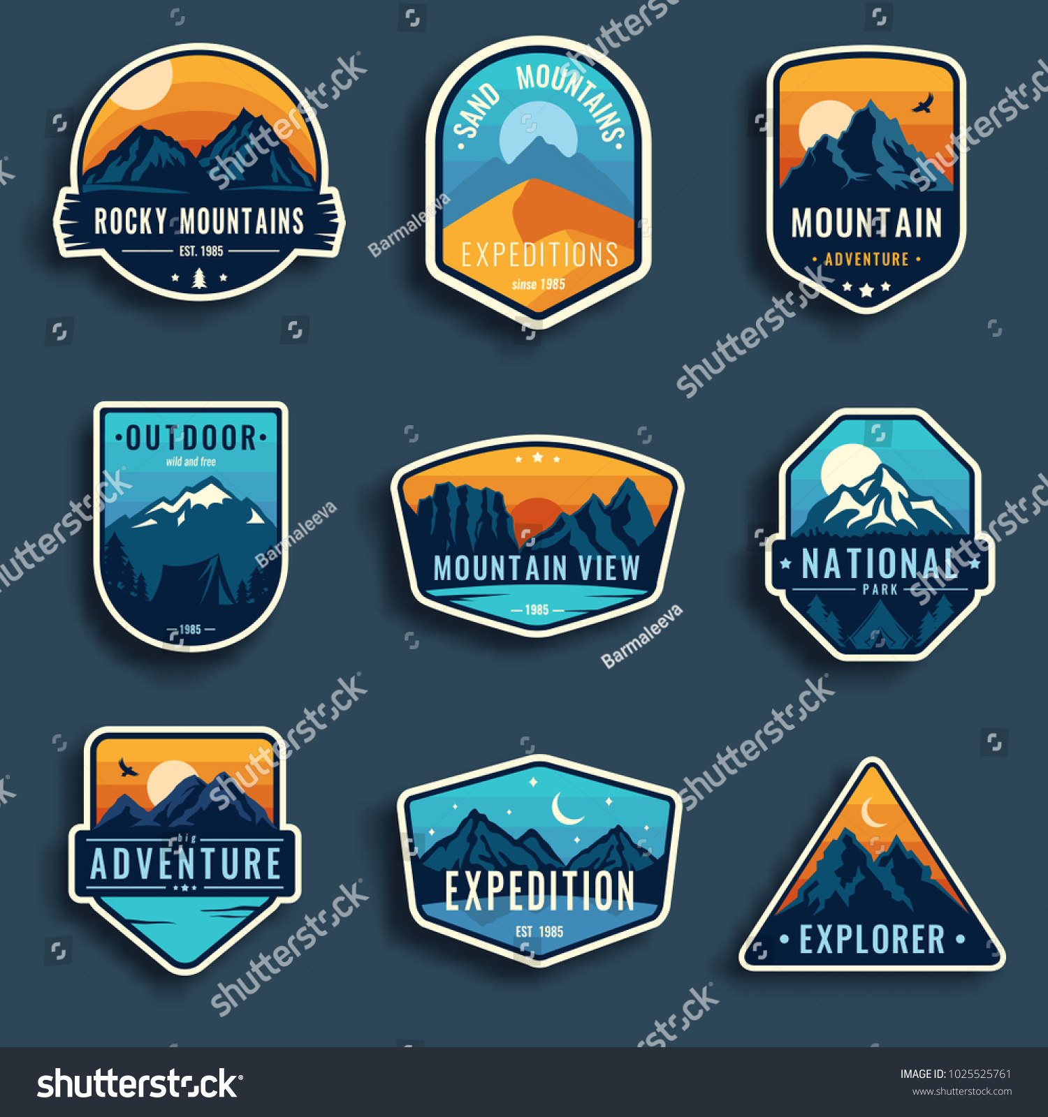 Set of nine mountain travel emblems. Camping outdoor adventure emblems, badges and logo patches. Mountain tourism, hiking. Forest camp labels in vintage style #1025525761