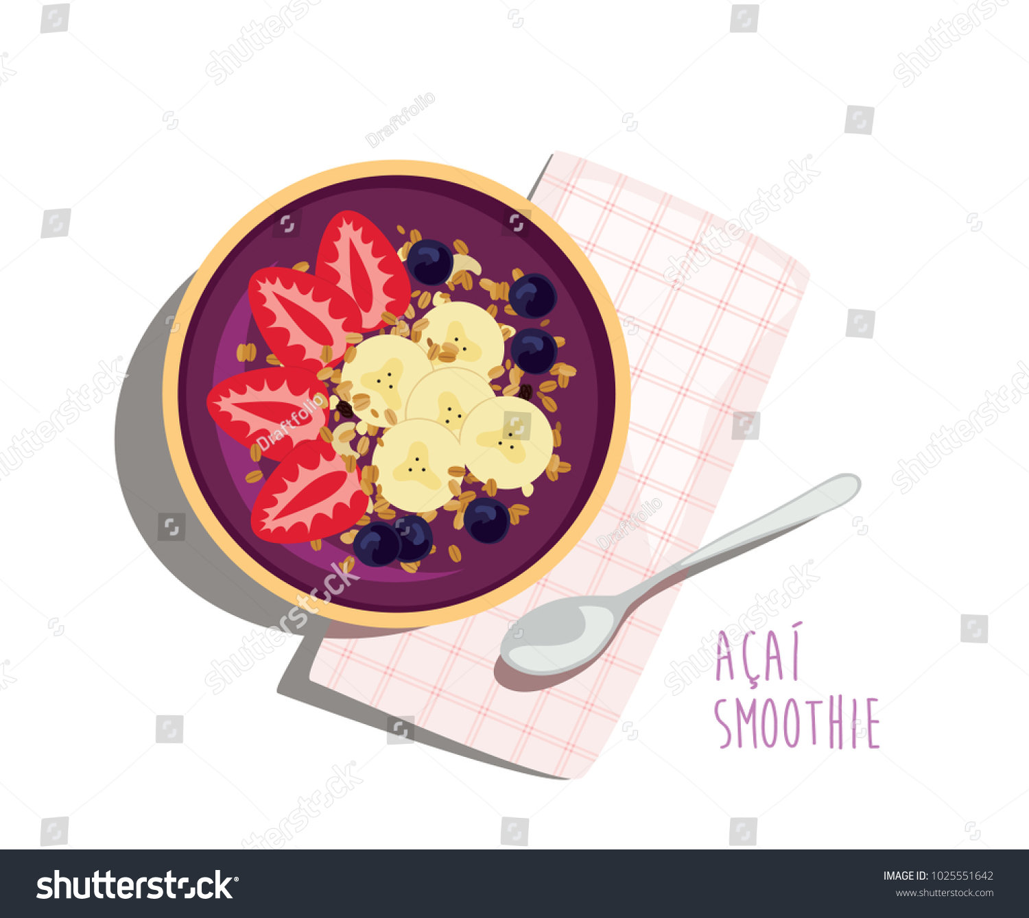 Acai Smoothie Bowl - Acai fruit energy bowl with strawberries, banana and granola topping. Healthy summer meal with napkin and spoon. Top view isolated vector illustration. #1025551642