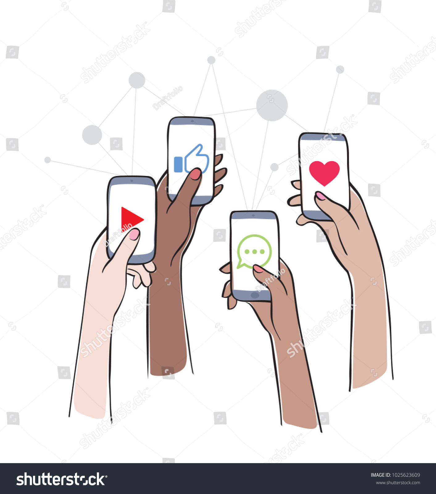 Social Network - Friends Interacting on Social Media
Women using different social platforms. Hands holding smartphones with social network apps icons. Online communication and connection. #1025623609